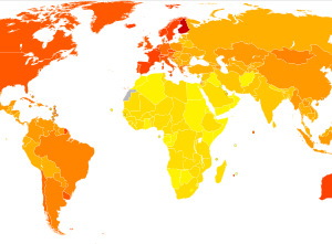 Liczba zachorowań na demencję i chorobę Alzheimera w poszczególnych państwach na 100 000 mieszkańców. Jasnożółty kolor odpowiada 100 osobom, następnie pomarańczowy 200, aż do czerwonego, który oznacza 300 osób cierpiących na demencję. Stan na rok 2004, wg danych WHO. (Credit: Wikipedia)